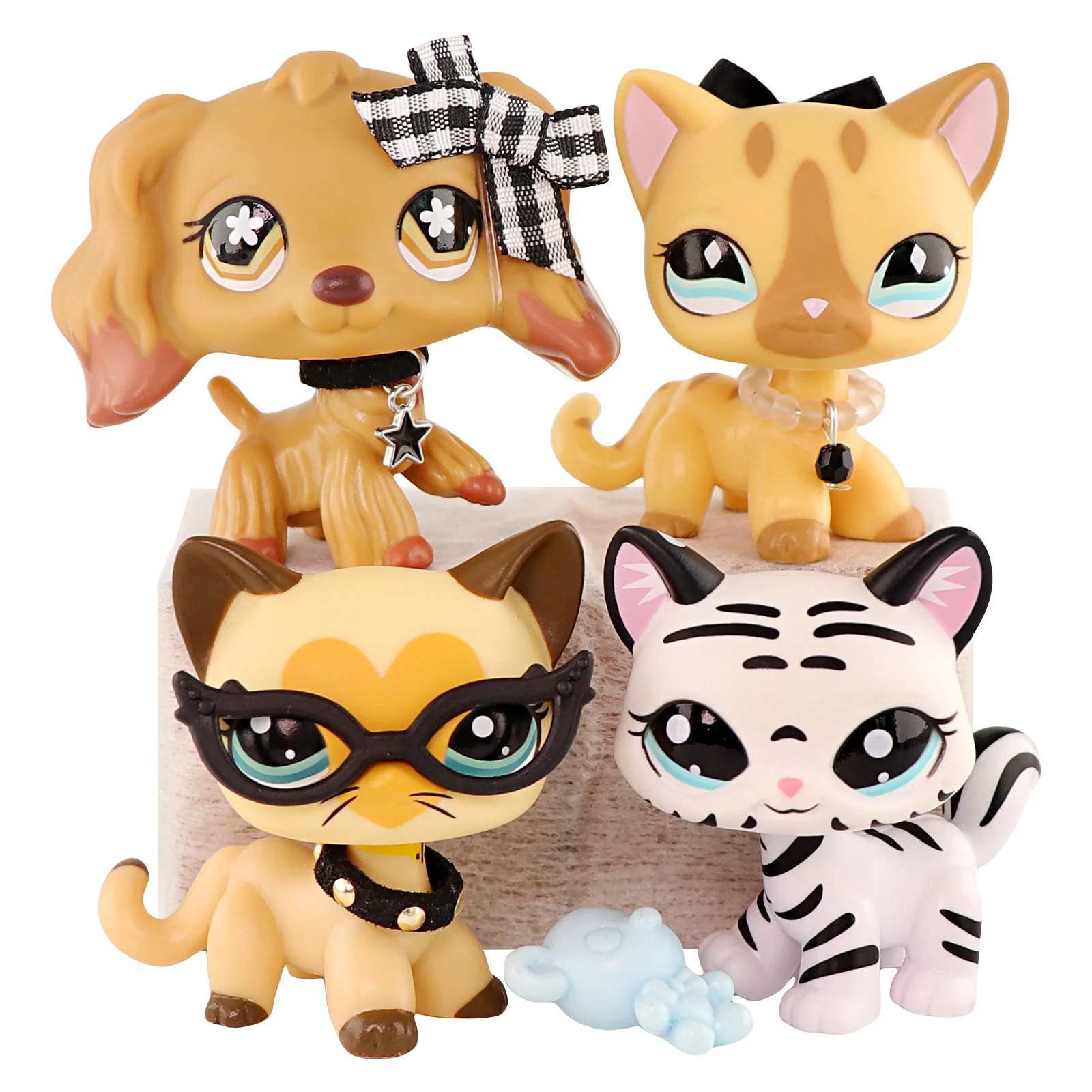 4 piezas Minilpsshop Bobble Head Toy Gato de pelo corto # 886 # 3573 Gato Tigre # 1498 Cocker Spaniel # 1498 Mascotas Coleccionables para Niños para lps