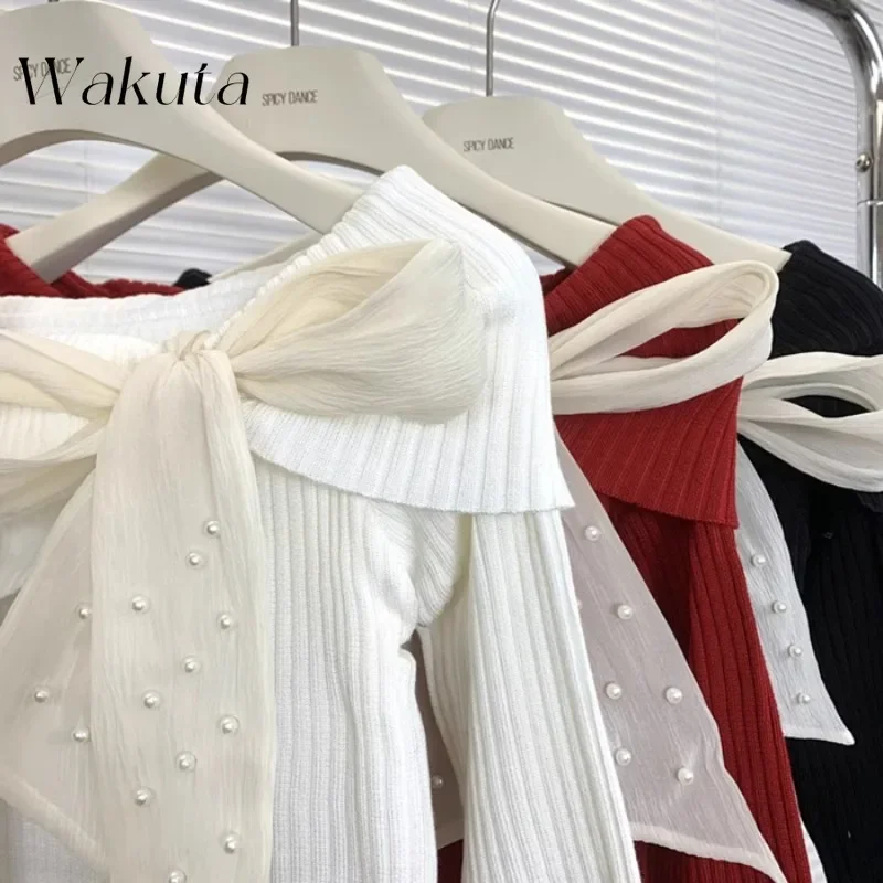 WAKUTA Fashion Red One-shoulder Bow Knit Jumpers Autumn Casual Ladies Long Sleeves Sweaters Poleras De Invierno Mujer  여성 반팔 니트