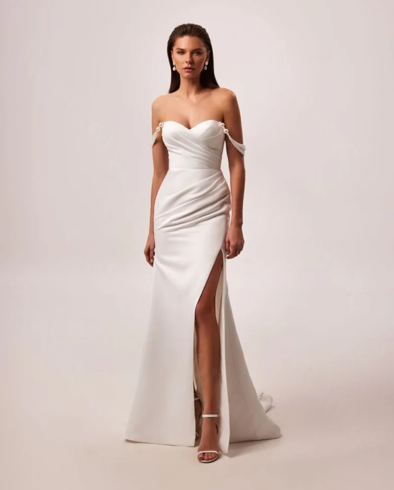 

Romantic Mermaid Customized Sweetheart Satin Off Shoulder Wedding Dress Bride Dress Side Split For Women Vestido De Noiva