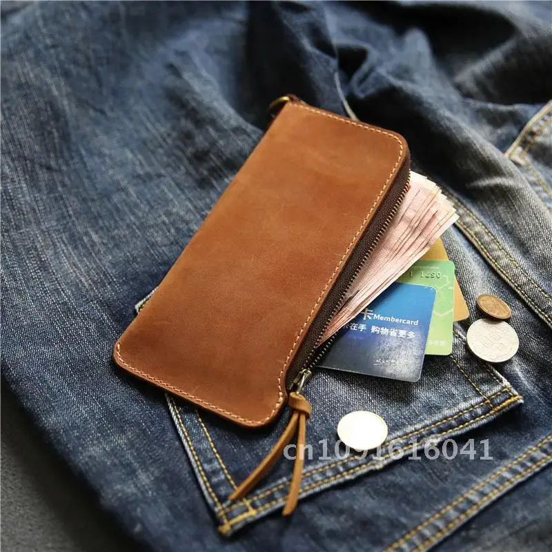 100% Genuine Leather Wallet For Men Male Real Cowhide Vintage Handmade Long Slim Zipper Clutch Men's Purse Card Holder Phone Bag