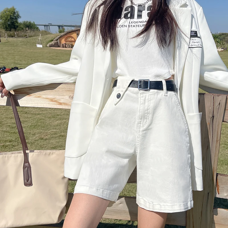 الصيف تمتد النساء الركبة الجينز واسعة السراويل حزام عالية الخصر فضفاض الشارع الشهير Y2K قصيرة الدنيم السراويل القهوة السوداء الإناث #1