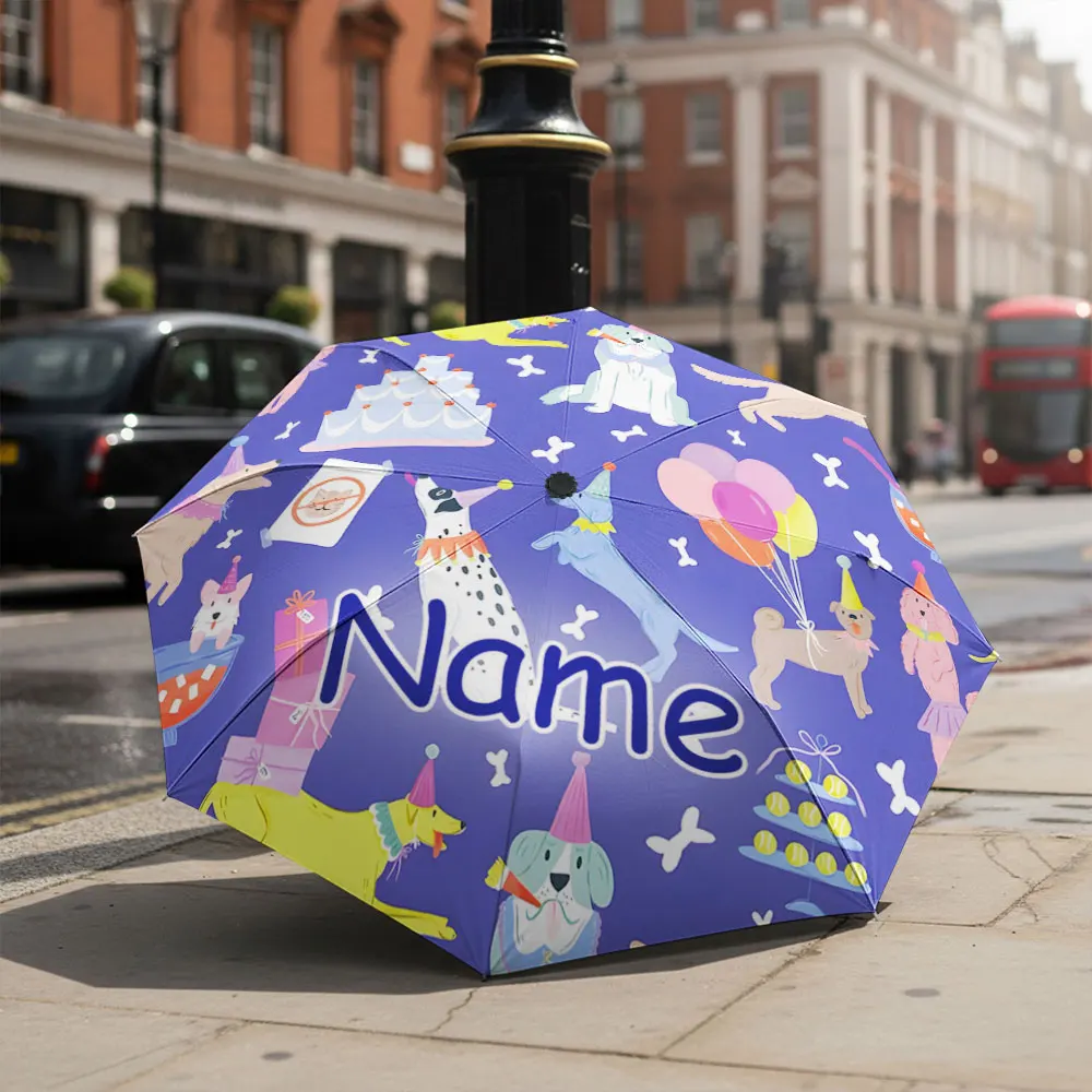 Custom Name umbrella,Colorful Canines with Balloons and Cakes Fashion Folding Umbrella for Sunny and Rainy Days,Christmas Gift