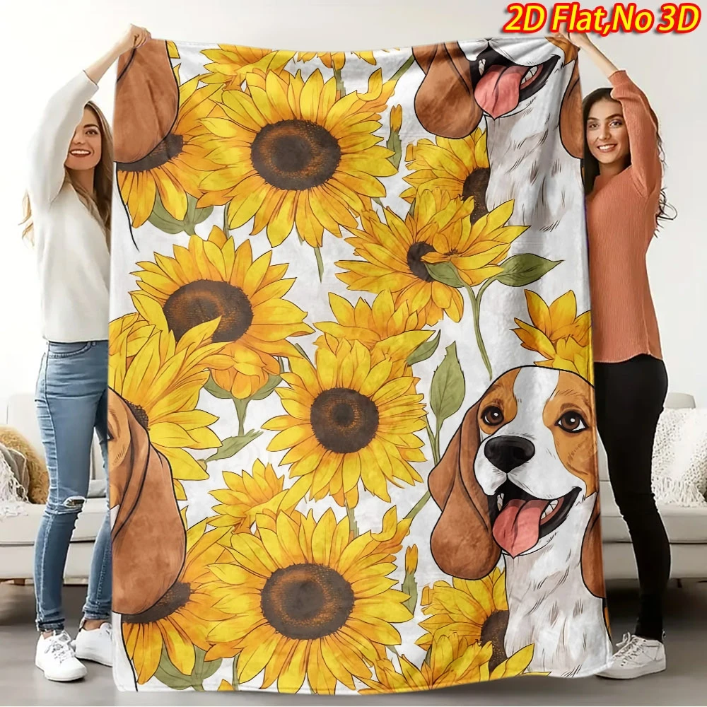 1pc 2D Flat Printing Spring & Summer New Arrival Beagle Dog and Sunflower Themed Digital Print Blanket, Suitable for All Seasons