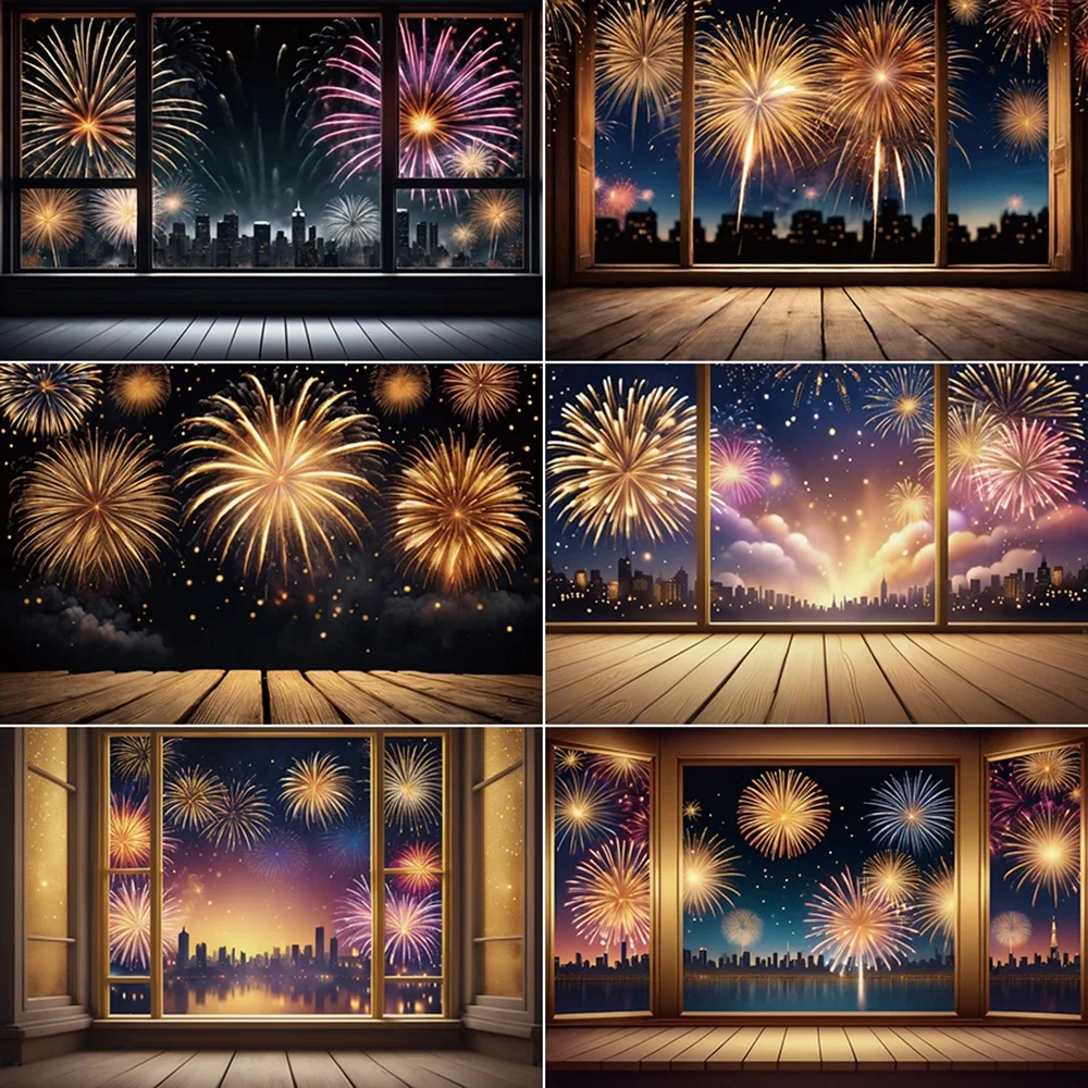 

MOON.QG 2025 New Year Fireworks Backdrop Photography Christmas Window Night Photozone Background Children Studio Photocall Props