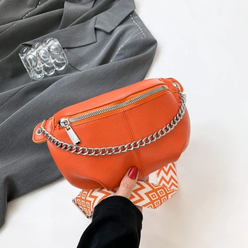 

Elegant Solid Colour PU Leather Chain Fanny Packs For Women New Style Waist Bag Female Waist Pack Ladies Crossbody Chest Bag