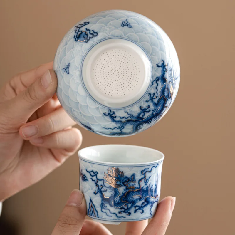 Chinese Retro Porcelain Metal Inlay Blue and White dragon Tea Strainer Ceramic Tea Filter Screen Tea Set Accessories