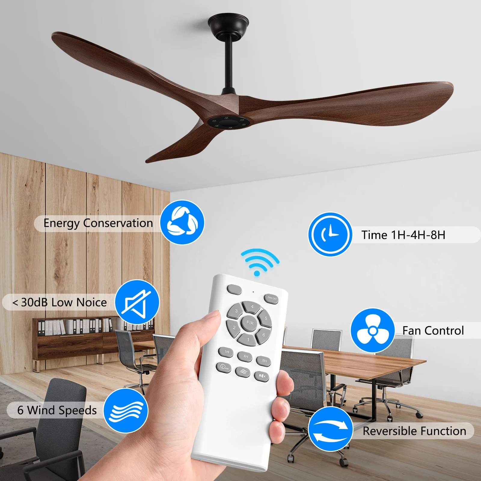 Ventilatore da soffitto da 52 pollici elaborato ed elegante con robuste pale in ABS, alimentato da un efficiente motore CC-35 W perfettamente adatto ai ristoranti
