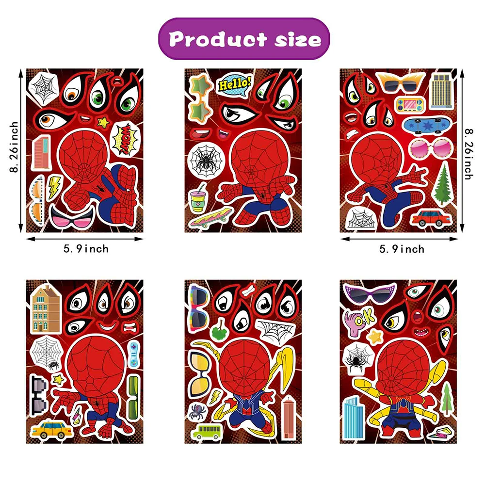 6/12Sheets Disney Cartoon Spiderman Make A Face Puzzle Stickers Kid Make Your Own DIY Game Children Cartoon Jigsaw Education Toy