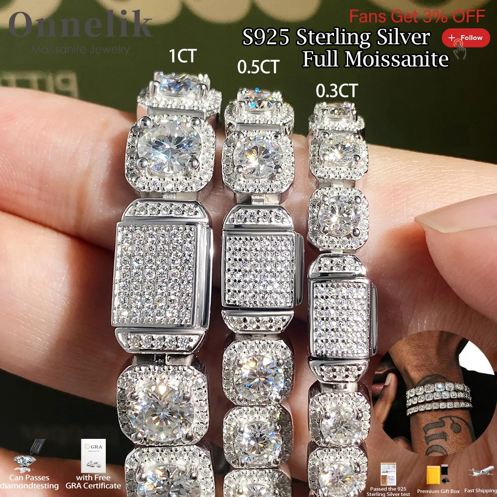 

Onnelik Full Moissanite Cuban Link Bracelet for Men Sparkling Diamonds with GRA S925 Sterling Sliver Plated 18K Gold Hip Hop