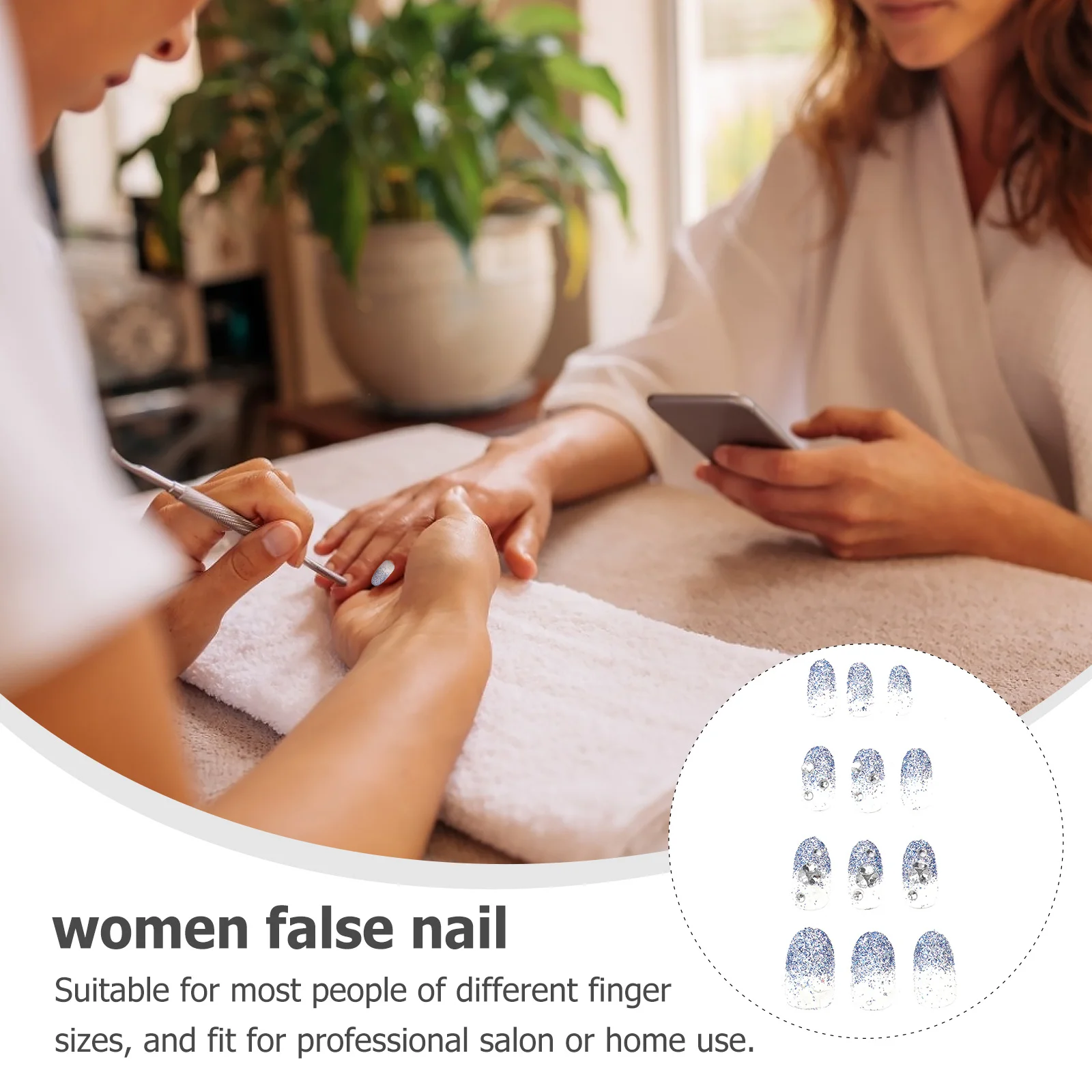 

24Pcs False Nails Full Cover Blue Glitter Powder Removable DIY Fake Nails for Women Girls Nail Art Accessories