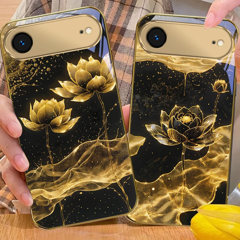 Abstract Art Golden Lotus For iPhone Air 17 Pro Max 16 15 Pro 14 13Plus 12 mini 11 17Air XR 16E 17ProMax Golden glass phone case