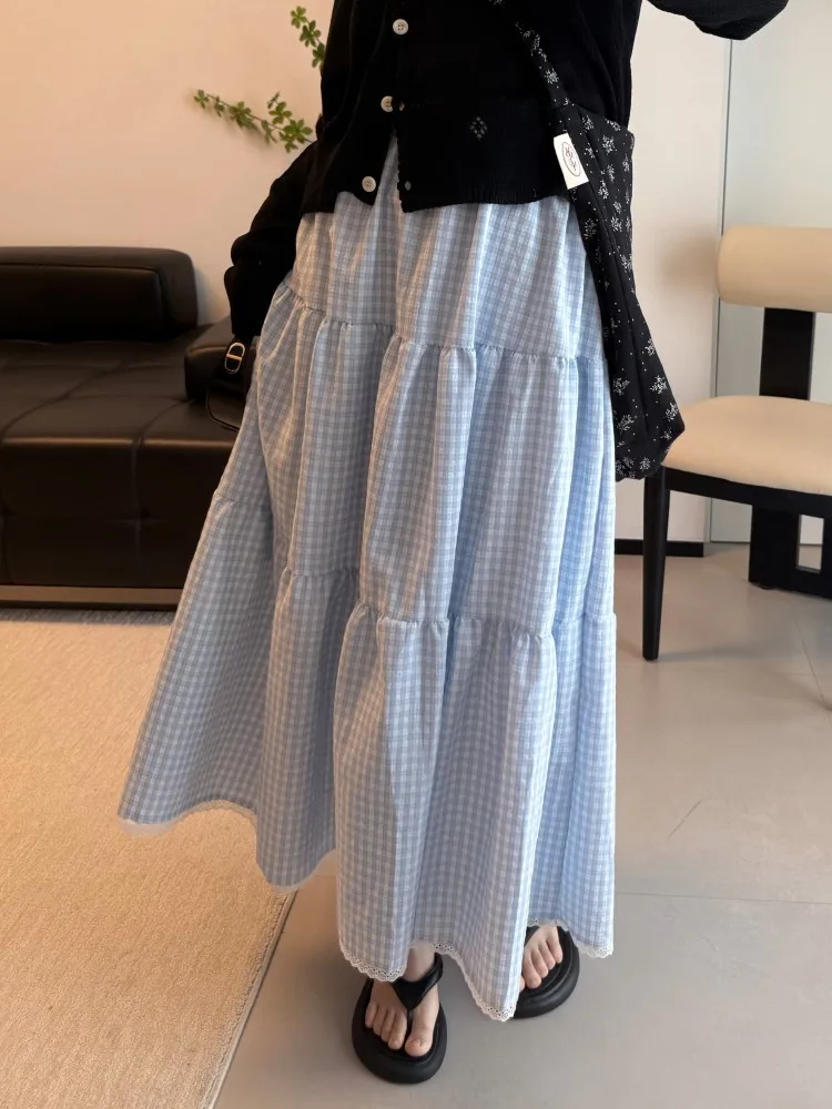 

High Waist Plaid A-Line Midi Skirt Women's Spring New Sle Sweet Artistic Sle Versatile Long Umbrella Skirt Body Slimming