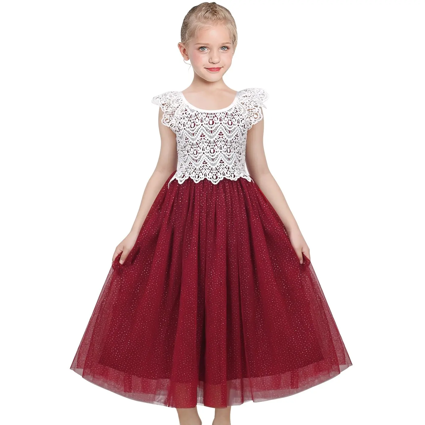 Girls Dress Red Lace Glitter Hollow Back Princess Party Long Gown Formal
