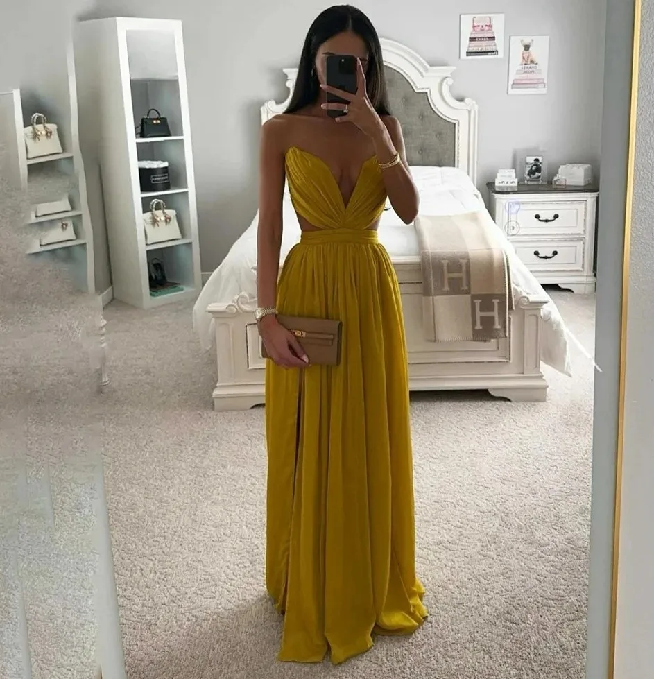 Sexy Gold A-line Evening Formal Dress Sweetheart Sleeveless Floor Length Stain Prom Pageant Party Gowns Robe De Soiree