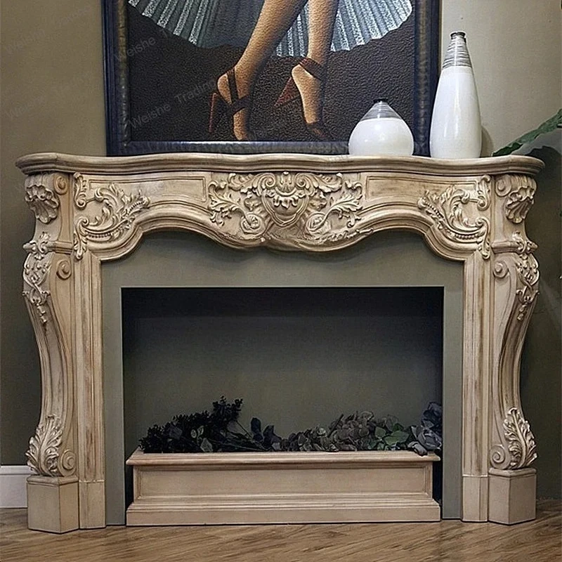 light luxury retro solid wood carving flower old fireplace European style, decorative fireplace frame background wall