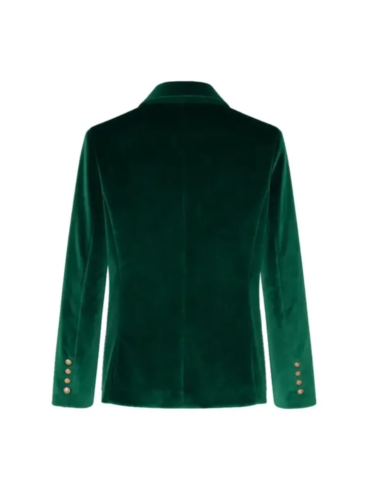 UOOZEE Women Notched Lapel Single Gold Button Velvet Blazer 2026 Autumn Solid Color Slim Fit Elegant Formal Office Suit Jacket view 2