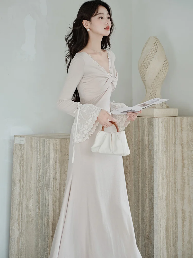 Robe longue en dentelle tricotée, manches évasées, Chic, col en v, élégante, pull décontracté, robe de bal moulante coréenne, automne hiver 2025
