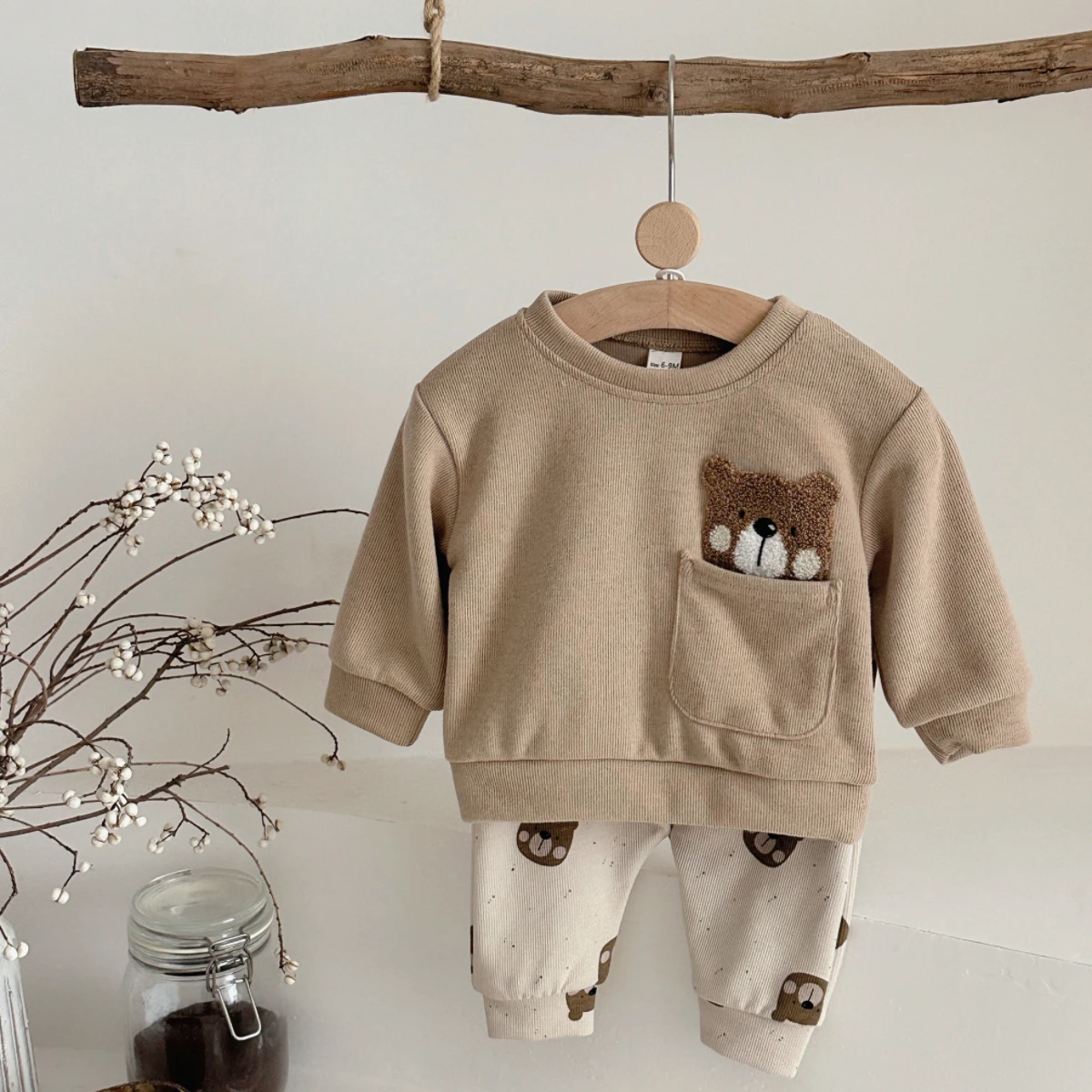 2Pcs/set Autumn New Baby Clothing Infant Suits Cute Bear Towel Embroidery Top+Cartoon Bear Full Print Pants Newborn Boys Girls