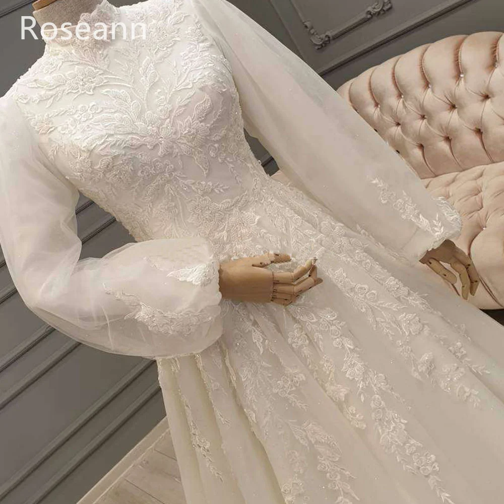 Muslim High Quality Ivory A-line Wedding Dresses High Collar Draped Pleat Applique Bride Dresses Floor Length robe de mariée