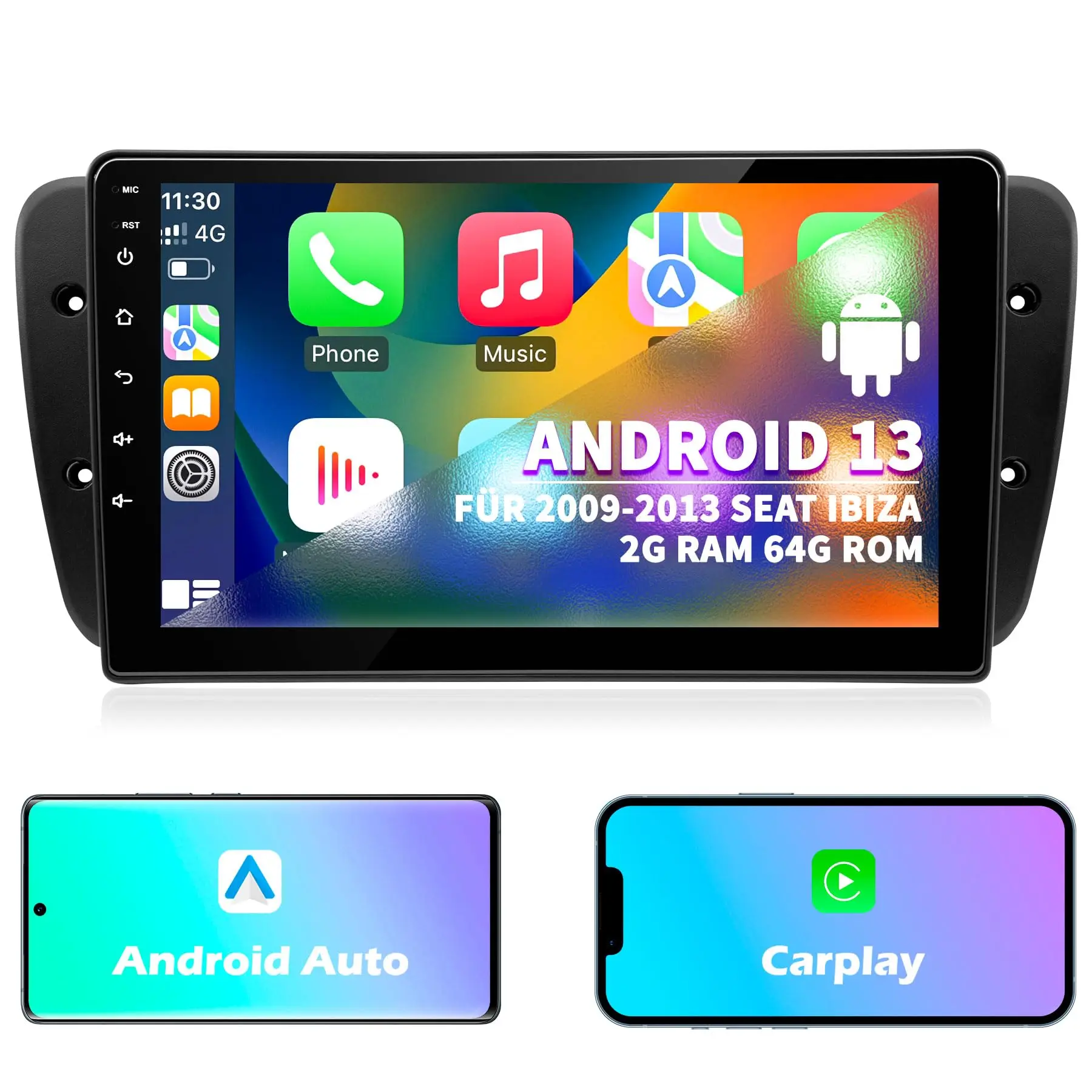 

Android car radio for Seat Ibiza 6J 2009-2013 stereo screen Carplay Android Auto, Bluetooth,FM Radio,SWC,WIFI,GPS Navigation,64G