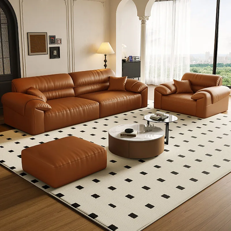 أريكة فنية من الجلد على الأذن، أريكة إيطالية فاخرة وخفيفة الوزن لغرفة المعيشة المنزلية، حجم بسيط وحديث، أريكة جلدية مستقيمة #2