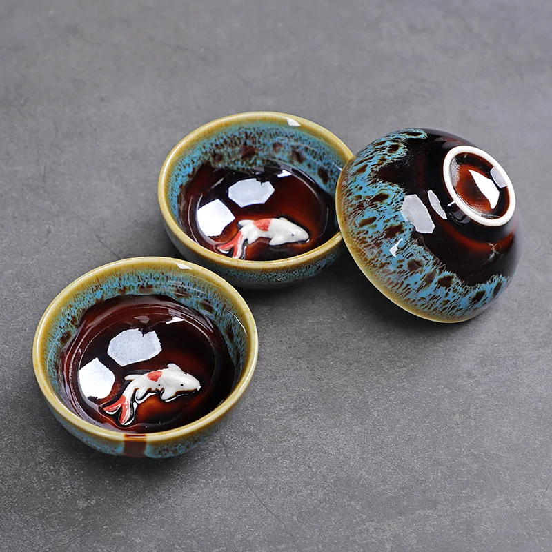 Celadon Fish Leuke Theekopje, Chinese Kungfu Thee Cup, Home Office, 3 Stuks Set