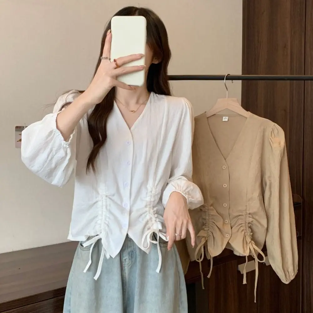 

Fashion V-neck Lace-up Drawstring Blouse Loose Autumn Spring Long Sleeve Shirts Irregular Retro Ladies Shirt Top Girls