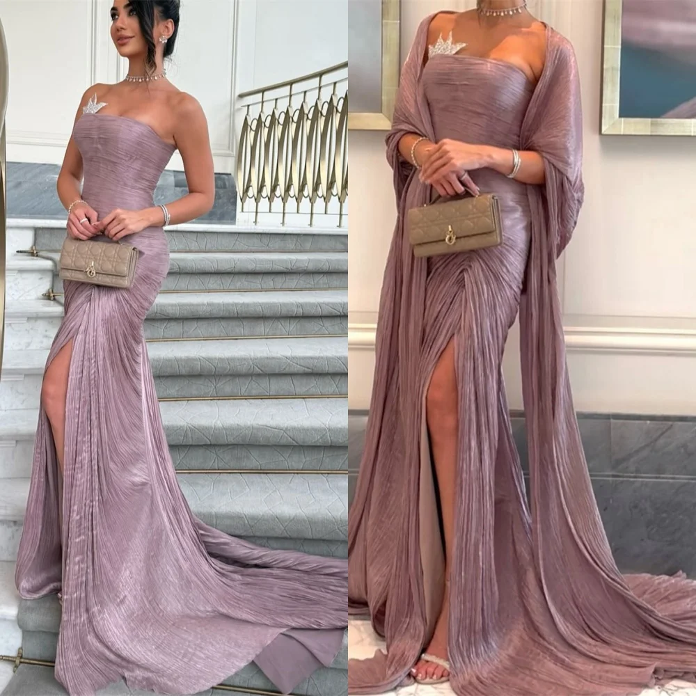 

Customized Modern Satin Evening Dresses Classic Strapless Shawl Homecoming Dresses Temperament Court Train Vestido De Festa