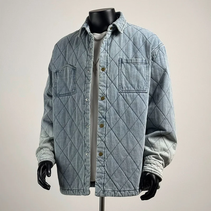 Abrigo vaquero de punto de diamante para hombre y mujer, parka acolchada de algodón, informal, holgada, moda coreana japonesa, Invierno