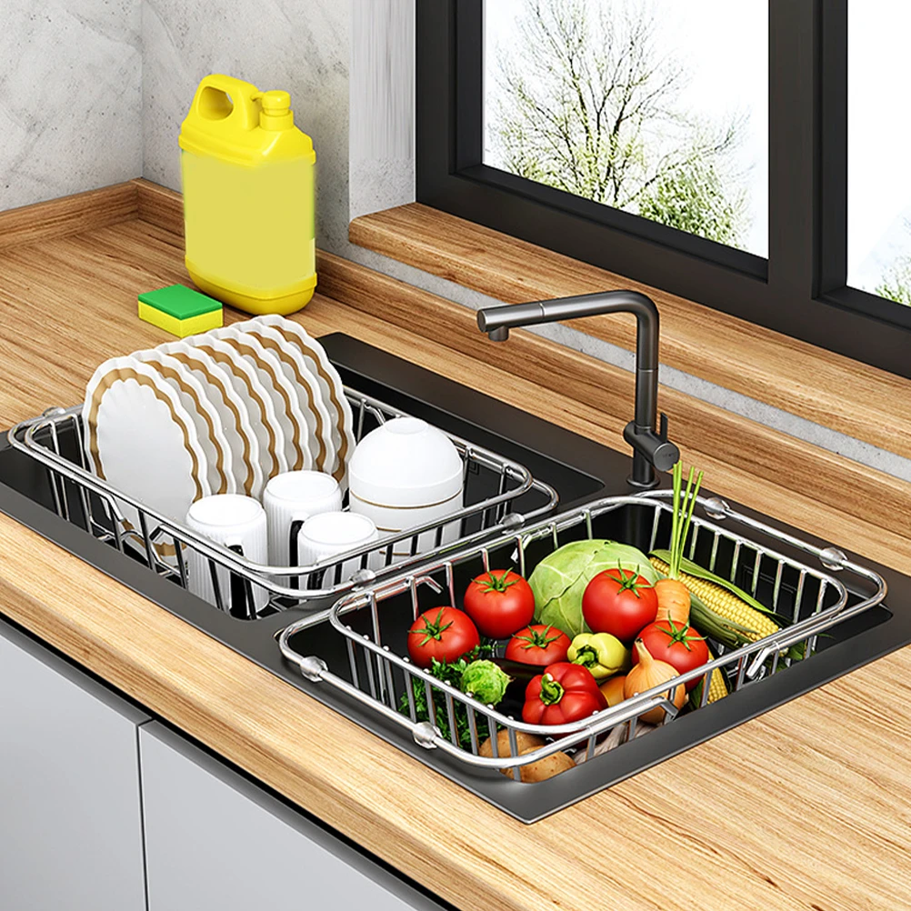 

Stainless Steel Kitchen Storage Rack Expandable Dish Draining Sink Drying Basket Cutlery Holder Large Capacity for Home