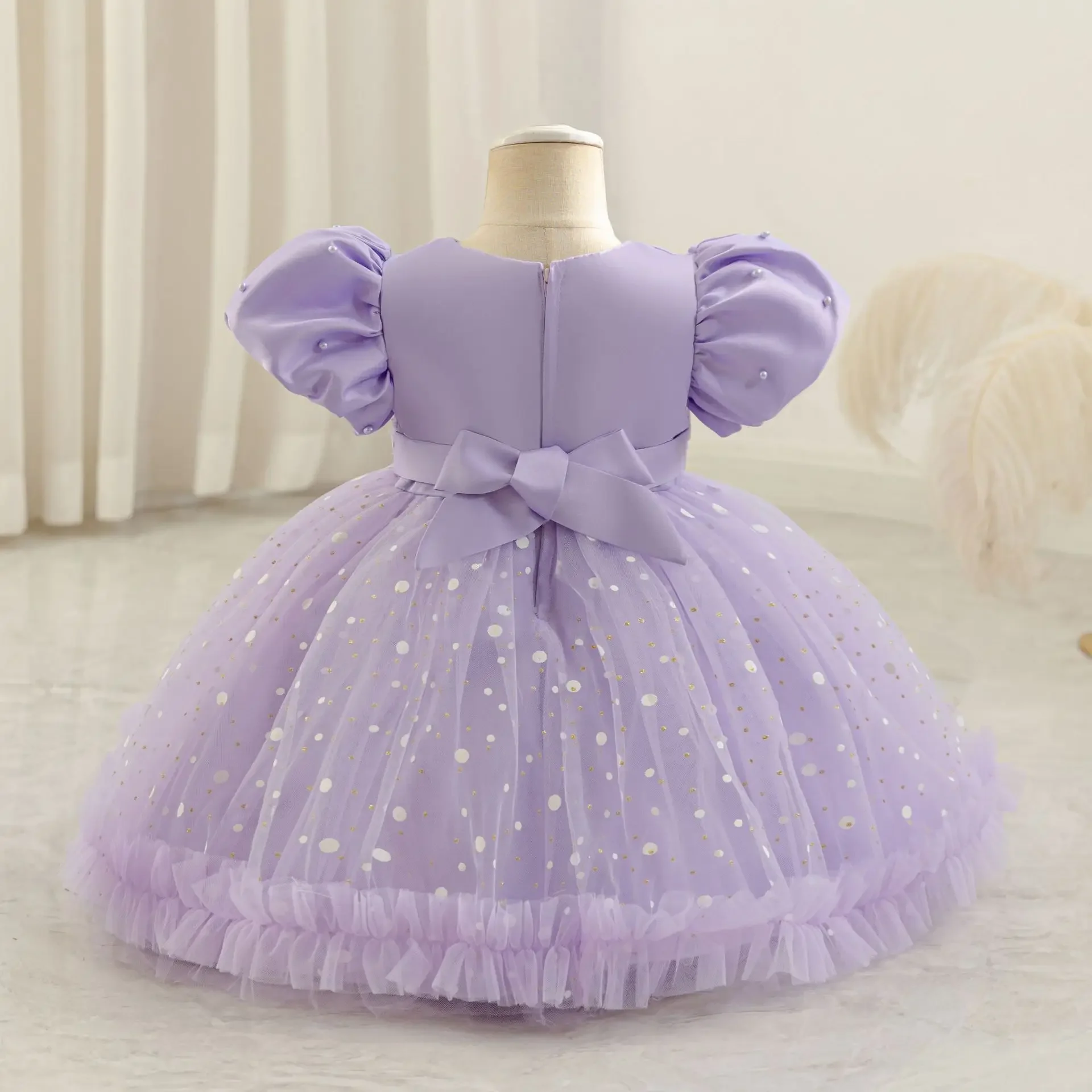 Girl Dress for Wedding Dots Printed 1 to 5 Years Birthday Party Princess Cute Prom Tutu Gown Pearls Mesh Baby Dresses