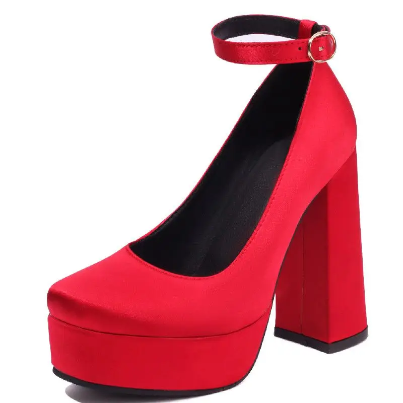 Sexy Women\'s High Heels Shoes 2024 Spring Round Toe Pumps Black Red Pink Heeled Satin Dance Party Wedding Shoe Female Large Size