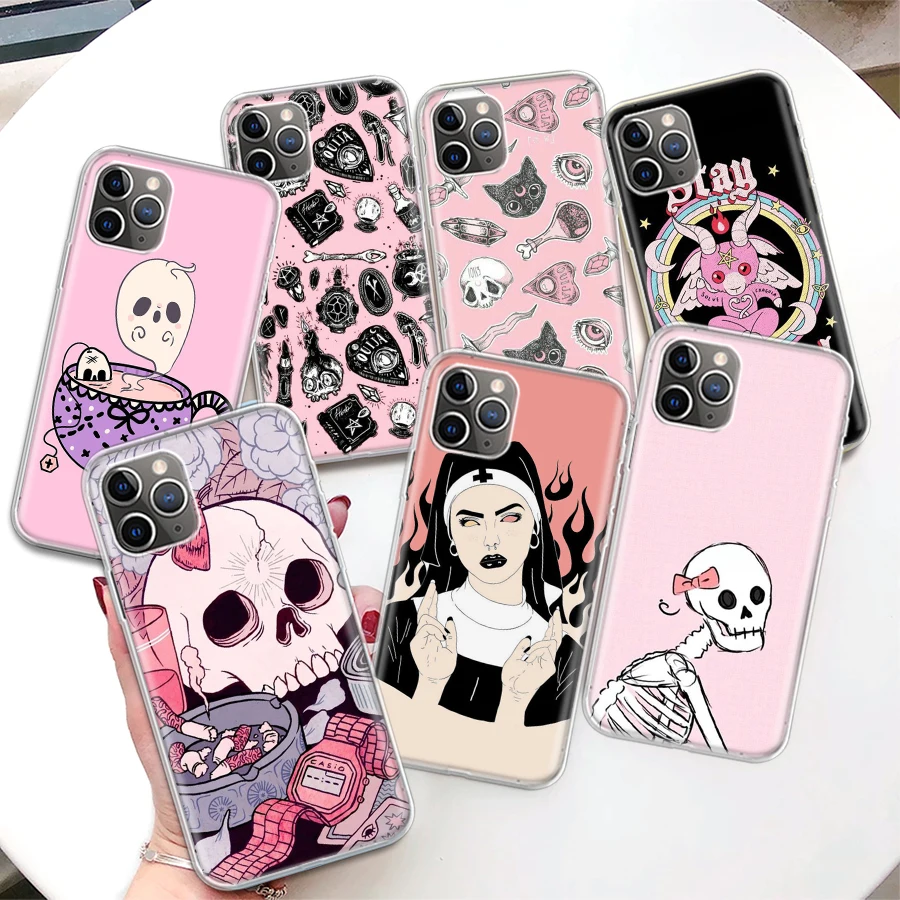 Pink Cat Skull Sorceress Witch Coque Phone Case For iPhone 11 12 13 14 15 16 Pro Max 7 Plus 8 + X XR XS SE Apple Soft Fundas Cov