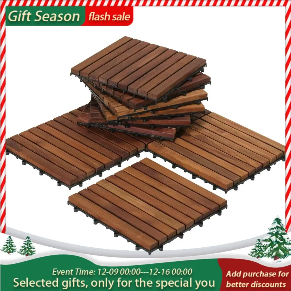 Floor Interlocking Flooring Tiles in Solid Teak Wood Oiled Finish (Set of 10), Long 9 Slat