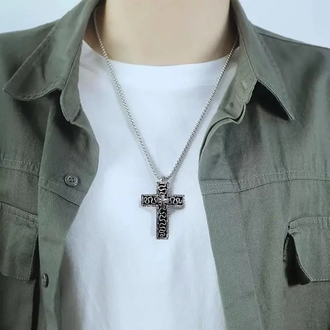Stainless Steel Men Women Necklace -Squids Necklace Game,3D Printed Cross Necklace with Dark Box Ten Character Pendant Jewellery