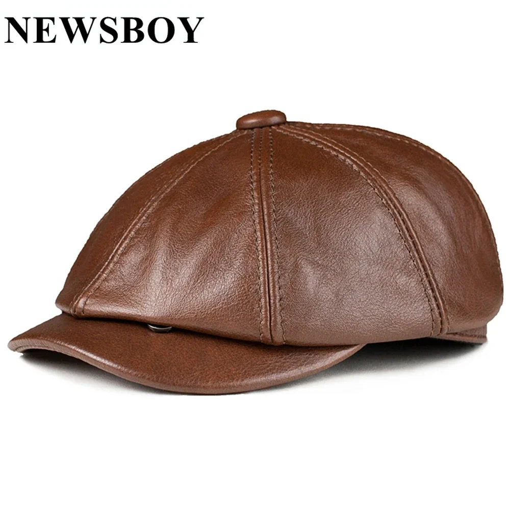 

NEWSBOY Cap Large Size Real Leather Hat for Men Brown Genuine Cowskin Octagonal Hat Autumn Winter British Style Men's Beret