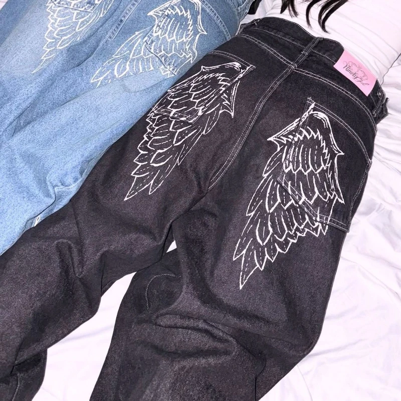 Deeptown Black Gothic Graphics Jeans Women Y2k Vintage Rhinestone Wide Leg American Style Denim Trousers Baggy Barrel-leg Pants