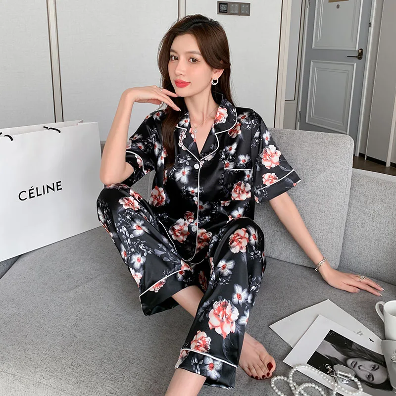 3XL-8XL Women\'s Pajamas Summer Design Silk Sleepwear Flower Home Wear Plus Size Lingere Loungewear Women Pajama Sets Nightwear