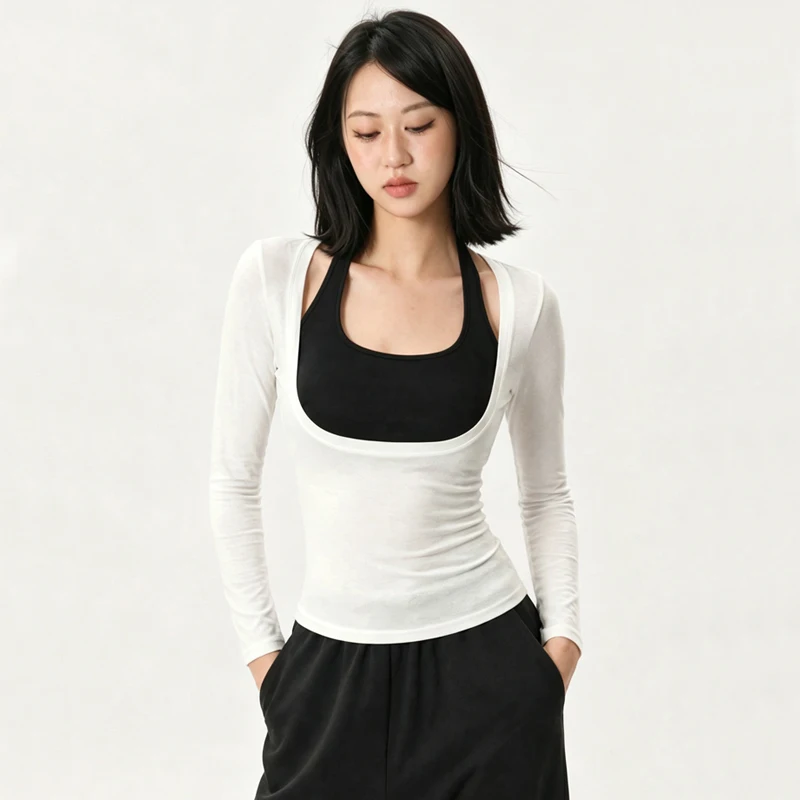 Color Block Slimming Waist Sheer T Shirt, Halter Neck Camisole Inner Layer Two Piece Matching Outfit for Women