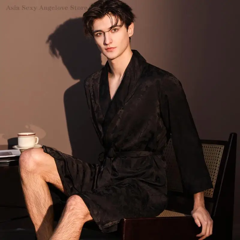 Fashion Lapel Nightgown Men's Casual Robe Kimono Bathrobe Satin Jacquard Yukata with Belt Spring Summer Sleepwear Home Clothes