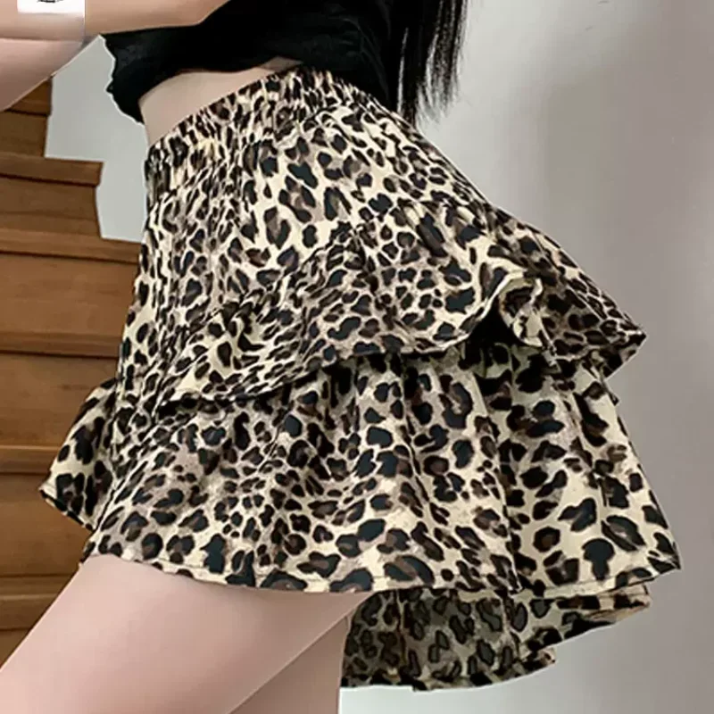 Hotsweet Mini Skirts Women High Waist Chiffon Faldas Summer Ruffles A-line Chic Design Leopard Youthful Aesthetic Korean Style