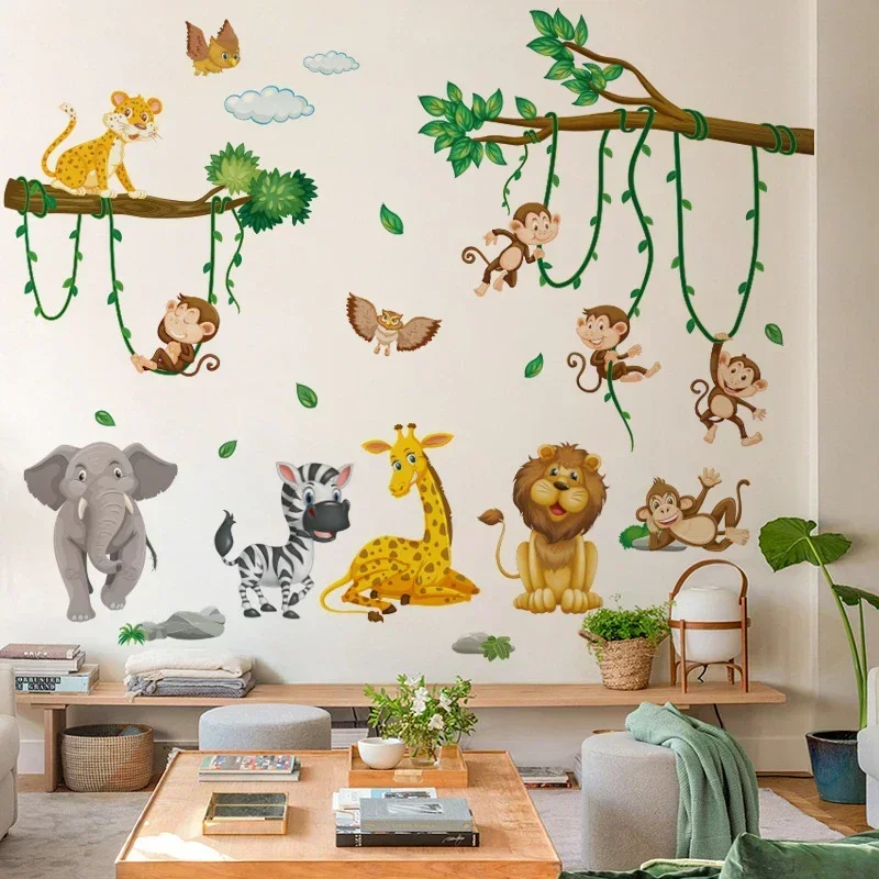 Kids Wall Stickers Jungle Animals Large African Lion Giraffe Monkey Wallpaper Children Boys Room Decor Mural Wall Decal Nursery