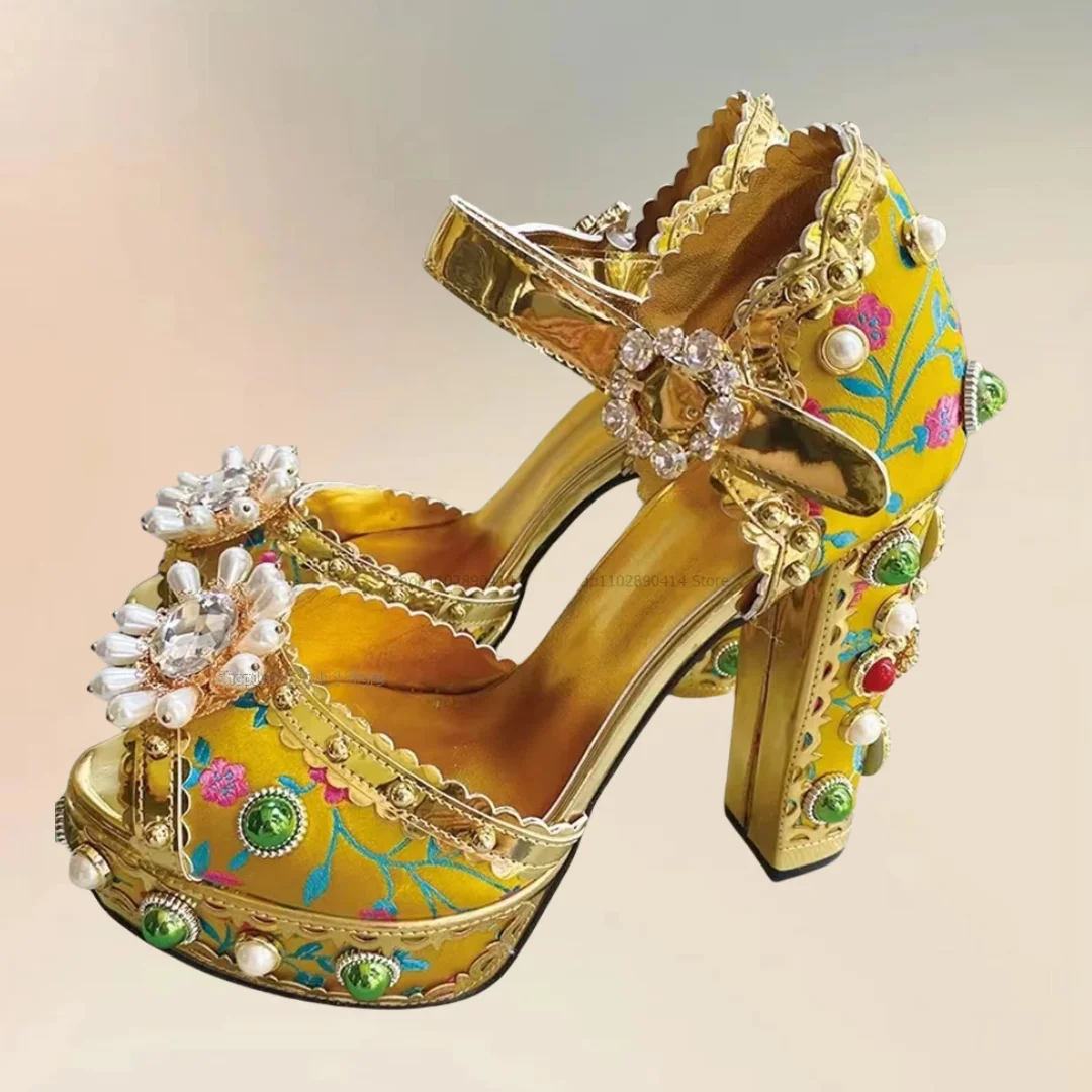 

Pearl Flower Yellow Embroidery Platform Sandals Buckle Strap Women Shoes Chunky High Heels Peep Toe New 2025 Zapatos Para Mujere
