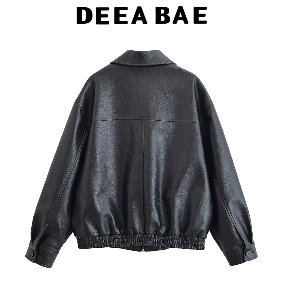 DEEABAE 가을 신상 여성 루즈핏 패셔너블 캐주얼 포켓 인조 가죽 파일럿 재킷 가죽 재킷