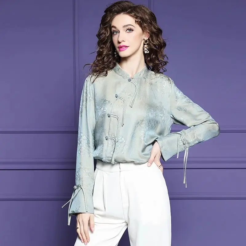 

2025 New Chinese Style Blouse Women Spring Elegant Jacquard Frog Button Shirt Vintage​