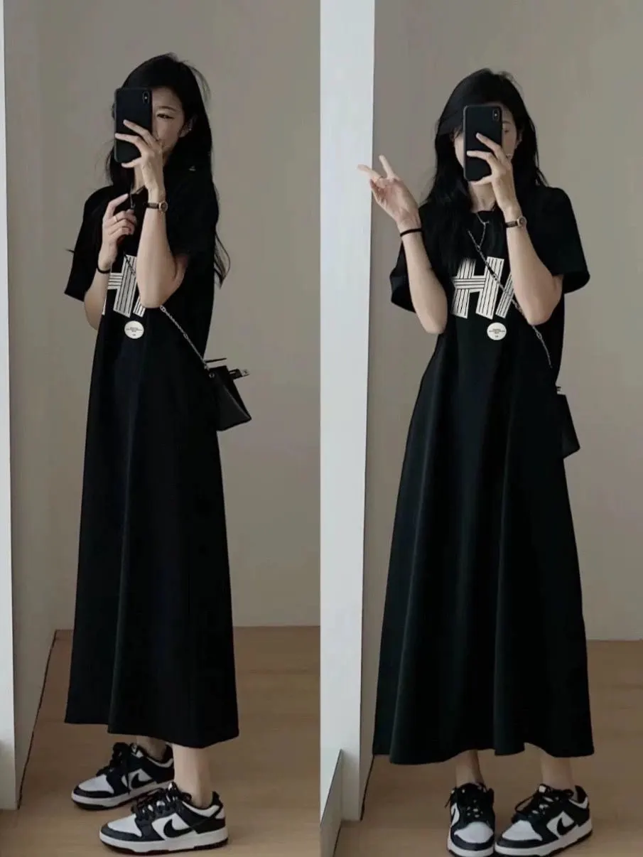 Lässiges mittellanges T-Shirt Dr für Damen in Übergröße, Sommer, lockerer knielanger Ort-Slee-Schlankheitsrock, Polyester-Mischung