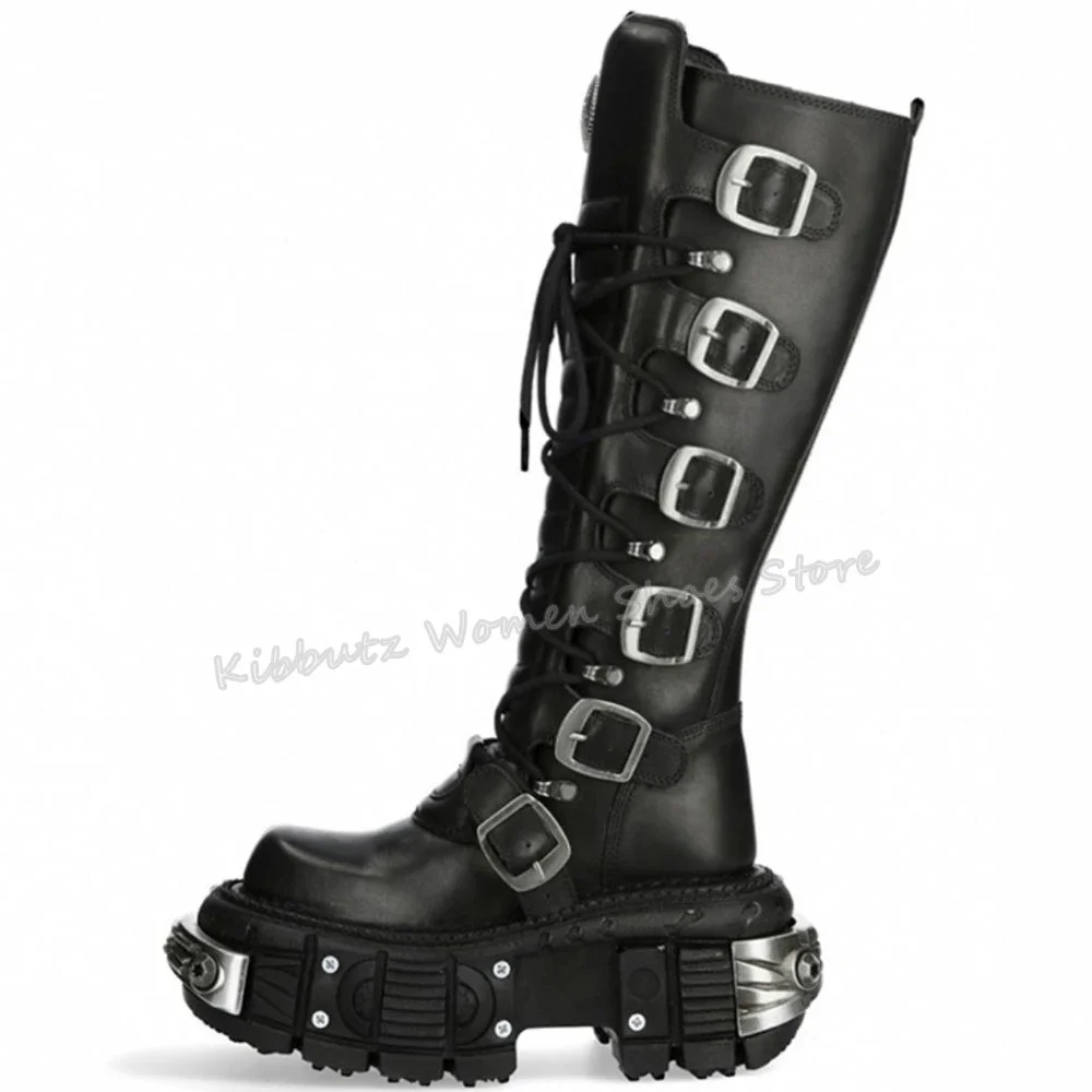 Rock Punk Motorcycle Boots Knee High Dark Style Round Toe Thick Bottom Genuine Leather Solid Color Fashion Sexy Women Shoes New