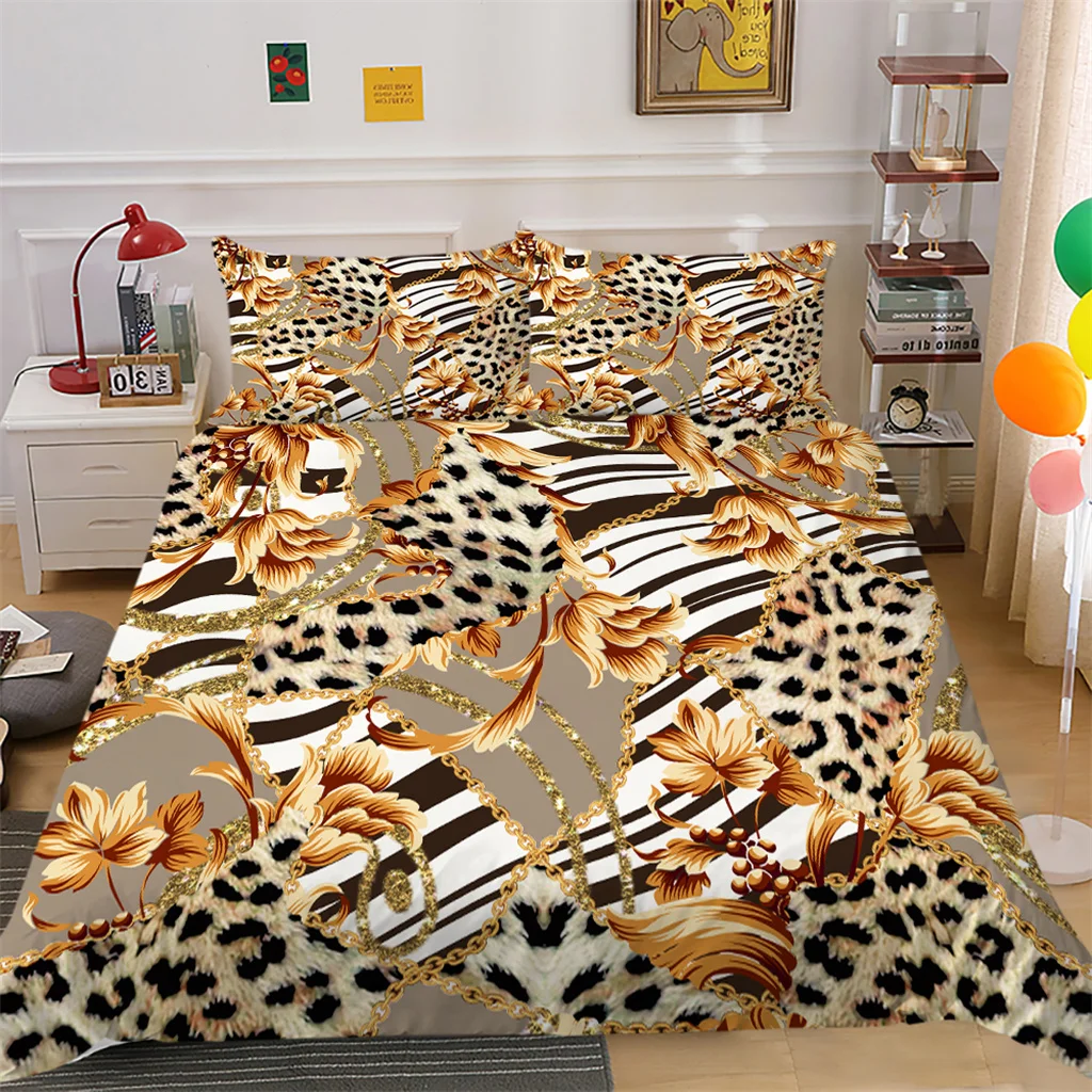 Luxury Gold Flower 3Pcs Modern Leopard Print King Full Size Duvet Cover Bedding Linen Set Bedspread For a Child 200x200 240x220