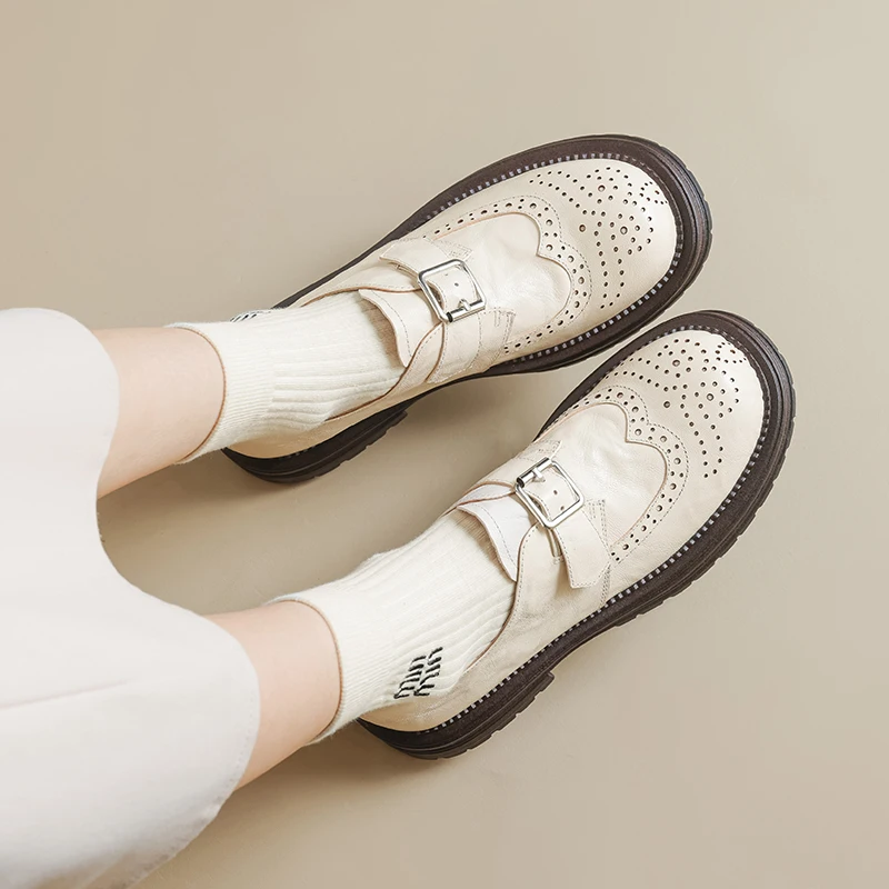 

Loafers Women New Genuine Leather Brogue Detail Round Toe Deep Cut Slip On Preppy Style Oxford Shoes