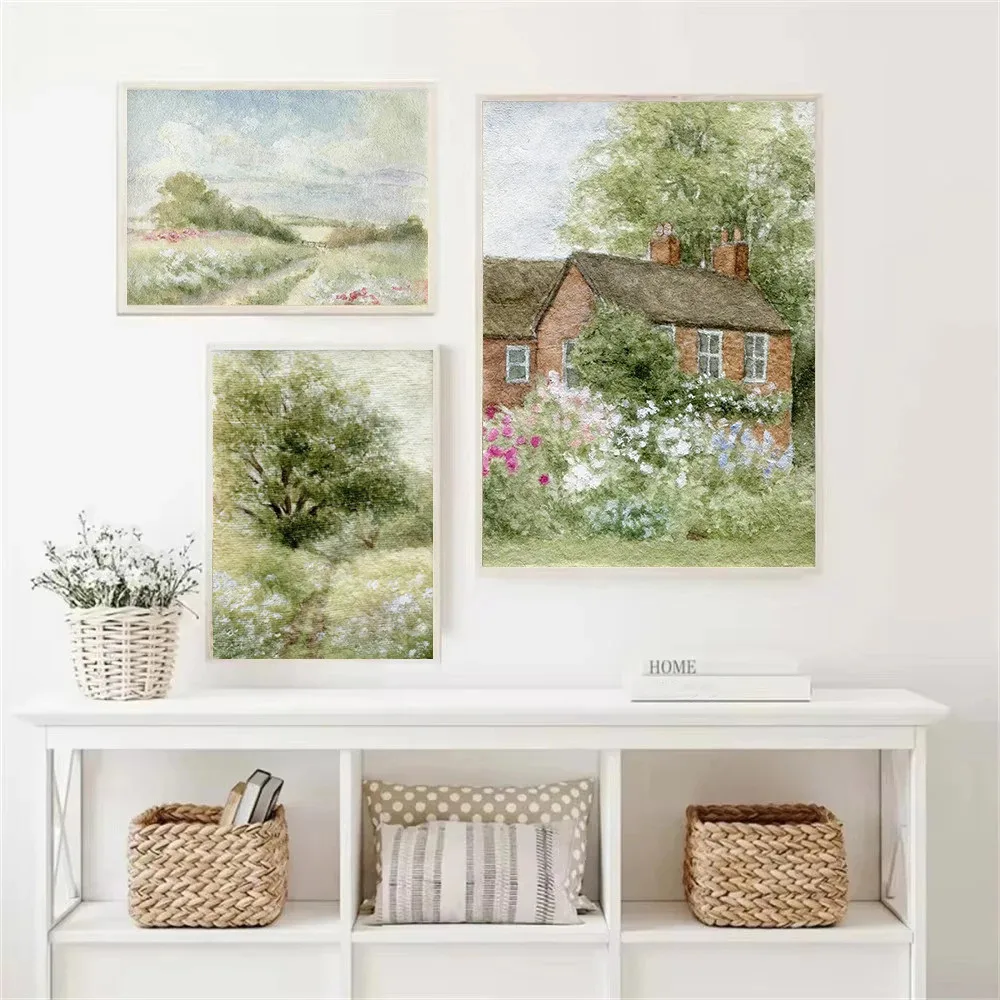 Vintage English Countryside Cottage Field Stone House Goose Duck Poster Print Canvas Painting Wall Art Pictures Home Room Decor